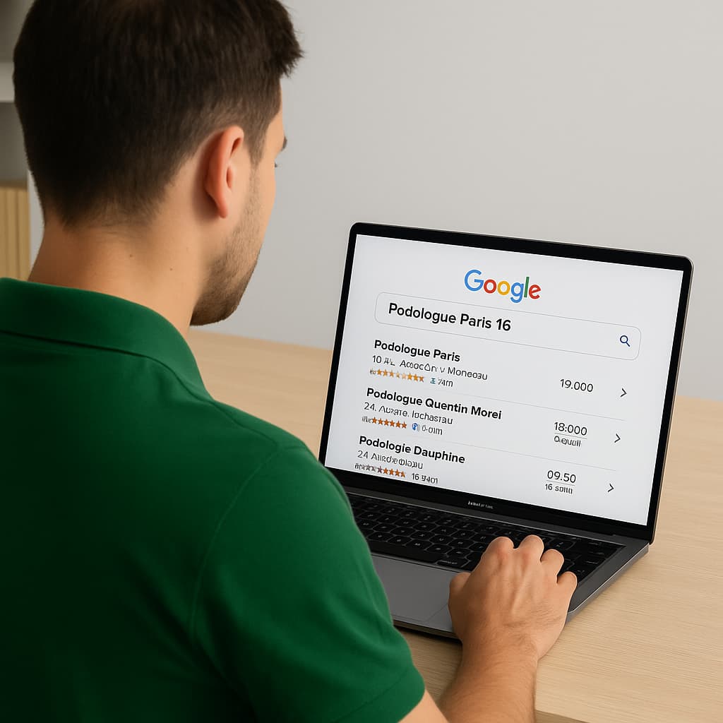 a man in a green shirt typing on a laptop